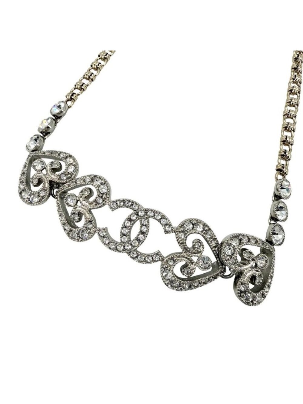Chanel Necklace Long CC Logo Heart Adjustable Rhinestone Silver Gold